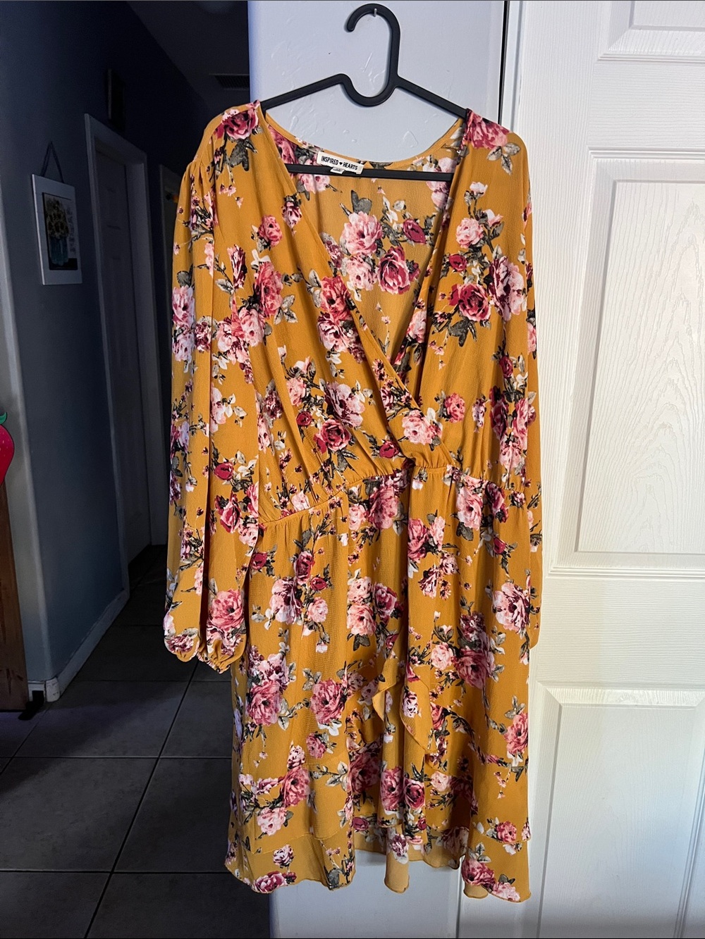 Inspired Hearts Mustard Floral Long-Sleeve Wrap Dress